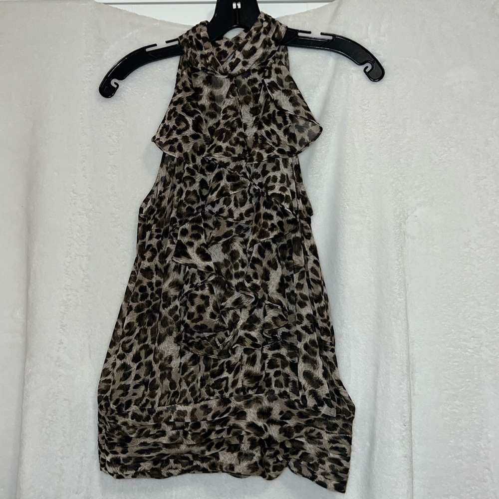Leopard print halter neck sheer top with ruffles